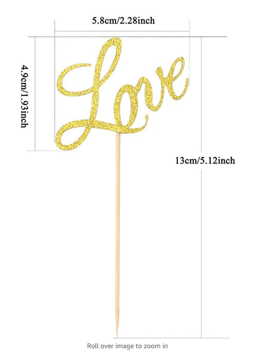 Hongkai 24PCS Gold Glitter Love Cake Topper Cupcake Picks For Wedding Bridal Shower Engagement Bachelorette Bride to be Anniversaries Just married Party Decorations Supplies
