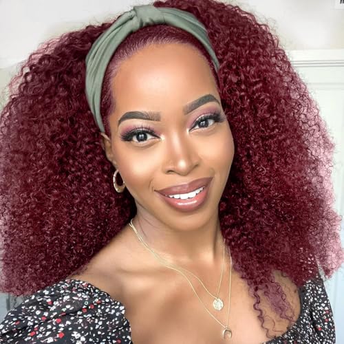 Image of XSY Headband Wig Human Hair Kinky Curly 99J Burgundy Headband Wigs for Black Women Deep Curly Human Hair Wigs None Lace Front Wig 150% Density 26 Inch