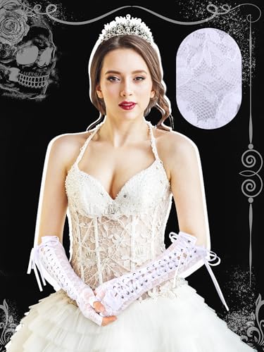 Guantes largos de encaje sin dedos de Geyoga con cinta estilo punk para Halloween 5