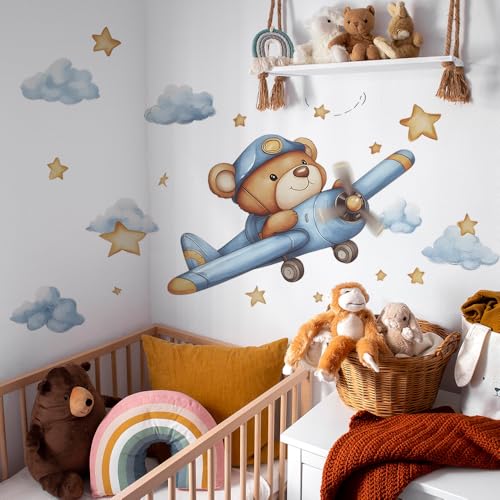 Image of Cute Bear Pilot Airplane Wall Stickers for Kids Nursery - Removable Peel and Stick Decals with Stars and Clouds - Watercolor Vinyl Decor for Baby Room Bedroom - Safe Non-Toxic Gift