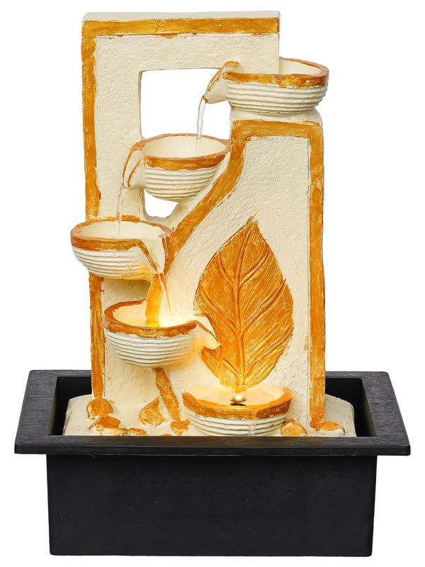 Image of Polyresin Table Top 4 Diya Steps & Golden Colour Leaf Design Indoor Waterfall Fountain for Home Decor with LED Lights & Speed Controller Pump (Size: 40 x 29.5 x 22CM | Weight: 2250grm)