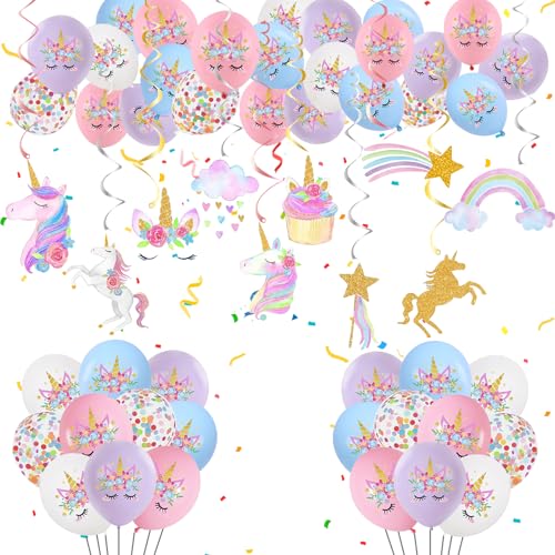 Einhor Kindergeburtstag Deko, 10 Hanging Swirls 40 Print Latexballons,...