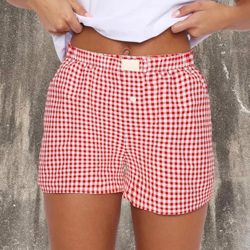 Image of Women Pajamas Shorts Y2k Elastic Waist Plaid Boxer Shorts Cute Gingham Sleep Lounge Bottoms