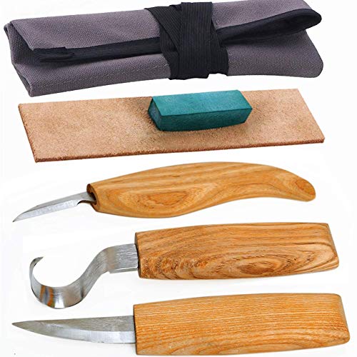 Wood Carving Tools Set for Spoon Carving 3 Knives in Tools Roll Leather