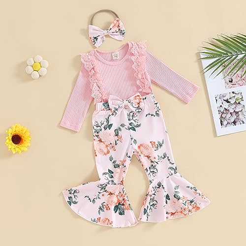 Baby Girl Fall Clothes Solid Ribbed Long Sleeve Romper and Flower Flare Pants Bow Headband 3pcs Infant Outfit3