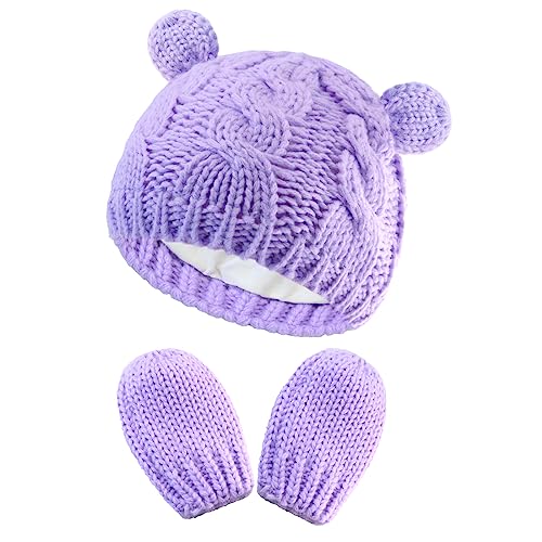 Image of Unisex Baby Toddler Hat and Mitten Set Winter Knitted Thick Warm Beanie Cap Gloves for Infant Boys Girls