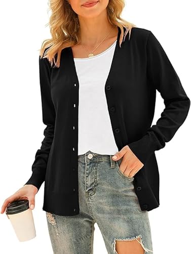 Yommay Chaqueta de punto para mujer, otoño e invierno, suave, ligera, de manga larga, para diario, informal, cuello en V, jersey de punto con botón, A01-negro., L Yommay Chaqueta de punto para mujer, otoño e invierno, suave, ligera, de manga larga, para diario, informal, cuello en V, jersey de punto con botón, A01-negro., L