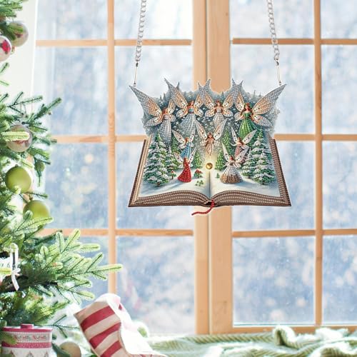 Image of DIY Large Christmas Diamond Art Hanging Kits for Adults, 24.1 x 20.4 cm | Magic Book with Elf and Snowy Forest Design, Crystal Diamond Painting Suncatchers, For Window, Door & Wall Ornaments