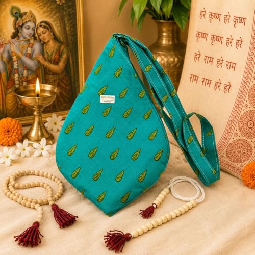 Image of Original Pure Cotton Gomukhi Japa Mala Bag /Chanting Bag or Beads Bag /Jholi /Thole with Zip Pocket and Sakshi Mala Counter (Turquoise Blue)