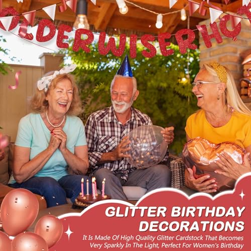 Image of Fulmoon Set of 3 Pre Strung Older Wiser Hotter Glitter Banner Funny Birthday Banner for Women 30th 40th 50th 60th 70th 80th Birthday Party Decorations Sign Gift(Red)