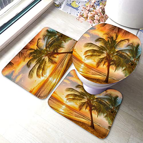 Badezimmerteppich-Set, 3-teilig, The Sea Golden Beach Under Sunset Palm Tree, waschbare Badeteppiche, rutschfest, mit Rückenpolster, Konturteppich und Toilettendeckelbezug