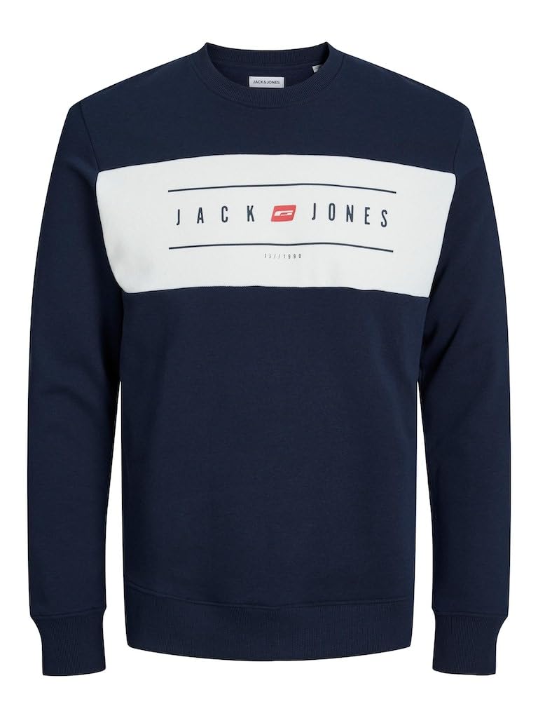 Jack & Jones Men's Navy Blazer Jjelliot Block Sweat Crew Neck Pullover, L