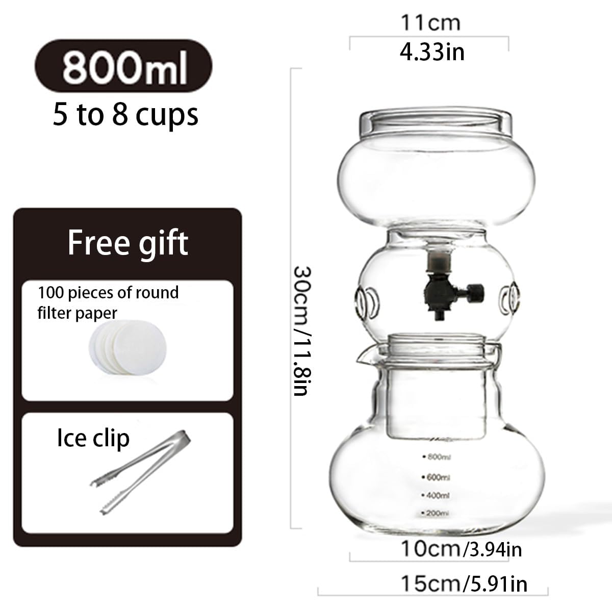 Ekspres do kawy z kroplówką, dzbanek do kawy na zimno z regulowanym kapaczem ze stali nierdzewnej, karafka ze szkła borokrzemowego, 5-8 filiżanek do domu, biura, kawiarni