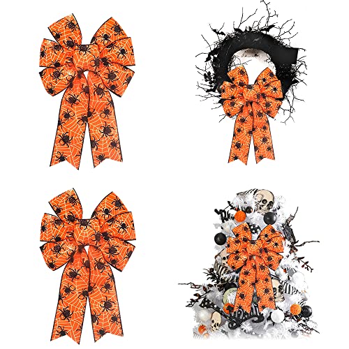 ALIBBON 2Pcs Halloween Bows for Wreaths, Halloween Wreath Bows, Orange Bows, Web Spider Bows for Front Door, Halloween Decor, Burlap Bows for Wreath Indoor Outdoor Wall Decorations