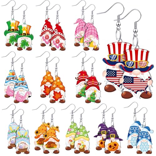 Menkxi 12 Pairs 4th of July Holiday Gnome Earrings for Women Summer Fall Jewelry Gnome Gift Holiday Acrylic Drop Dangle Earring Lightweight