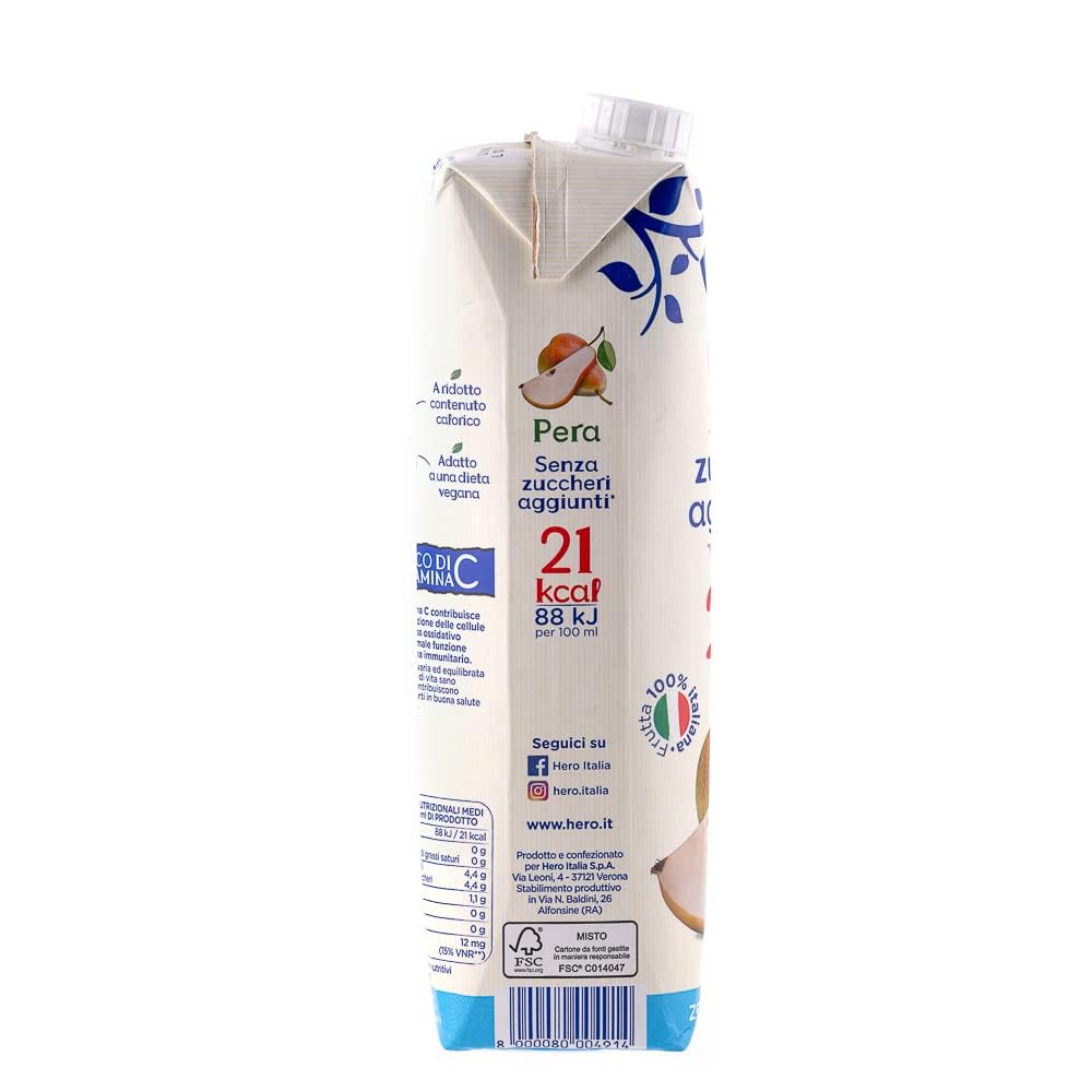 Hero Light Pera Birne Fruchtsaft Ohne Zuckerzusatz Erfrischendes Erfrischungsgetränk mit Sehr Wenig Kalorien, 8x 1LT + Italian Gourmet polpa 400g