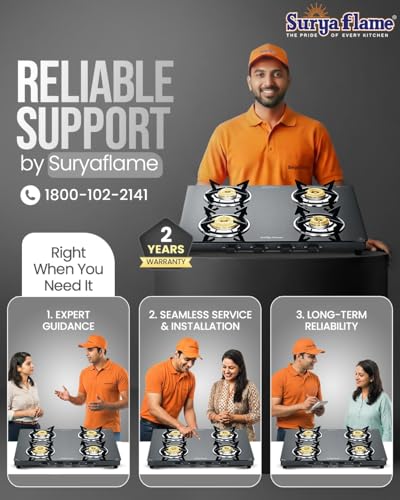 Image of Surya Flame Creta Series LPG 4 Burner Gas Stove | Brass Burners with Jumbo Option | Toughened Glass Top, Removable Drip Tray, Manual Ignition, 69%+ Efficiency, ISI Certified, 2-Year Warranty