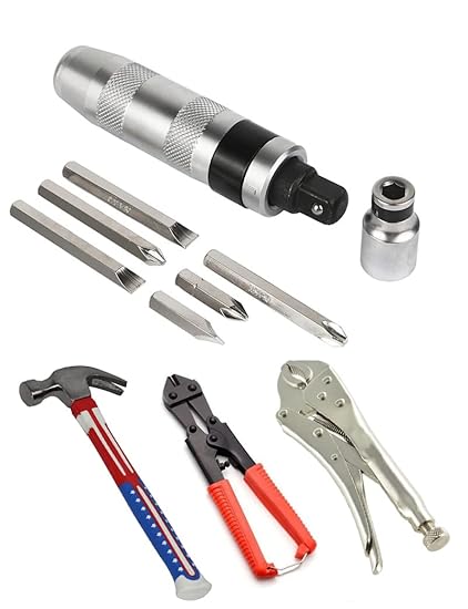 Digital Craft Combo of 4 Items Impact Screwdriver Set Multi-Purpose Chrome Vanadium Steel Portable Screw Driver Chisel Bits Professional Tools with Lock Plier Bolt Cutter & Hammer