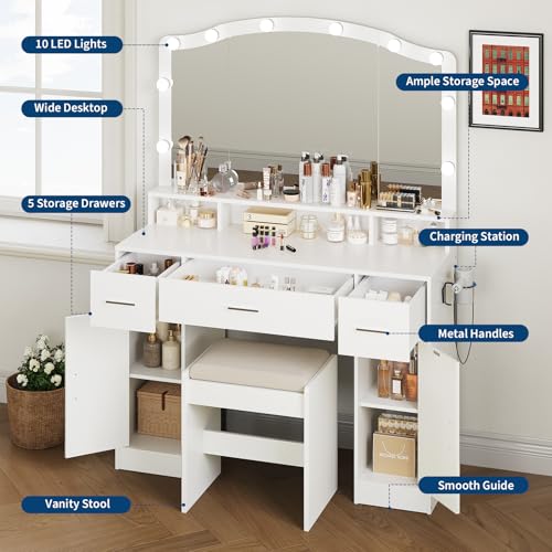 Garvee Vanity Desk with LED Lights and Storage, 10 Adjustable LED Mirror, 3 Drawers, 2 Cabinets, Charging Station AC/USB, Includes Stool, Dressing Table for Women/Girls Bedroom White