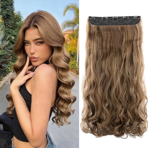 VLYX Extensiones de Cabello Rizado Clip In, 24 Pulgadas, Sintético Ondulado, 150g, 5 Clips, Media/Completamente para Mujeres (Castaño Amarillo)