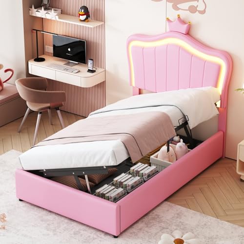 KOMHTOM Letto Princess 90 x 200 con contenitore idraulico, letto imbottito a LED con testiera regolabile in altezza...
