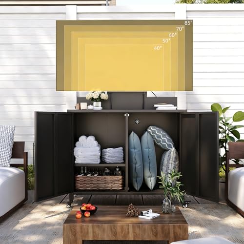AECOJOY Outdoor Storage Cabinet with TV Mount, Mobile TV Stand on Wheels | Outdoor Storage Cabinet Waterproof, for 40–85 Inch Tvs, Heavy Duty Metal Entertainment Center for Poolside, Backyard, Garden