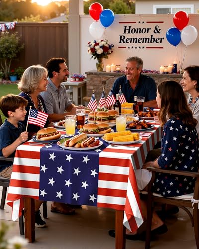 Image of Pureegg 4th of July USA 250th Anniversary Plastic Tablecloth Disposable 10 Pack, Patriotic American Flag Rectangle Table Cover 54 x 108 Inch, Table Cloth for Independence Day BBQ Picnic Party
