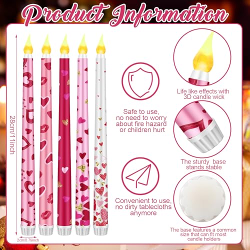 Image of Aurelema 5 Pcs Valentines Day LED Flameless Candle Set Valentine Day Flameless Taper Candles with Heart Battery Operated Seasonal Celebration with Remote for Wedding Romantic Night