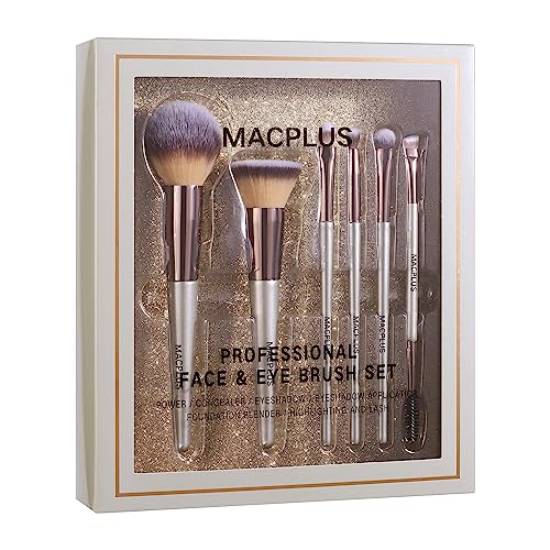 MACPLUS Professional Premium Synthetic Bristle Face And Eye Makeup Brushes Set For Cream, Liquid And Powder Formulation 6 pcs