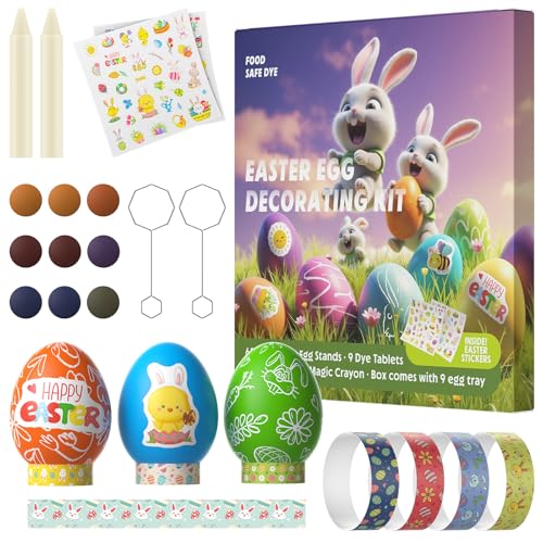 Easter Egg Decorating Kit with Food Coloring Dye Tablets, 68 Stickers, Magic Crayons & Egg Stands | DIY Easter Crafts Non-Toxic Edible Dye for Easter Party Supplies