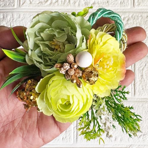 Image of ADIKALA Handmade Artificial Big Peonies 3 Flower Bunch for Trousseau Packing, Ready to use Flower Brooch Hamper for Decoration, Gift Wrapping Flowers (6, Green)