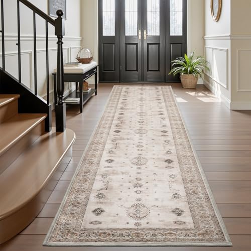 AMOAMI Vintage 2X10 Runner Rug Non Slip Soft Runners for Hallways Washable Hallway Runner Rug Bedside Rugs for Bedroom Long for Hallways Entryway Laundry Room Stair Kitchen Bathroom Brown Bo