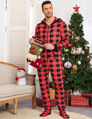Image of Veseacky Family Christmas Pajamas Matching Sets Adult Onesie Zipper Hooded Footed One-Piece Pjs Jumpsuits