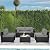 WAROOM Outdoor 5 Piece Patio Furniture Set, Black Rattan Conversation Couch Resin Wicker Sectional Sofa Outside Chair with Coffee Table, Grey Cushion