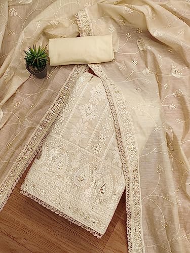 Image of Pandadi Saree Women's Elegant Lucknowi Work with Modal Cotton Chanderi and Embroidered Dupatta Unstitched Dress Material