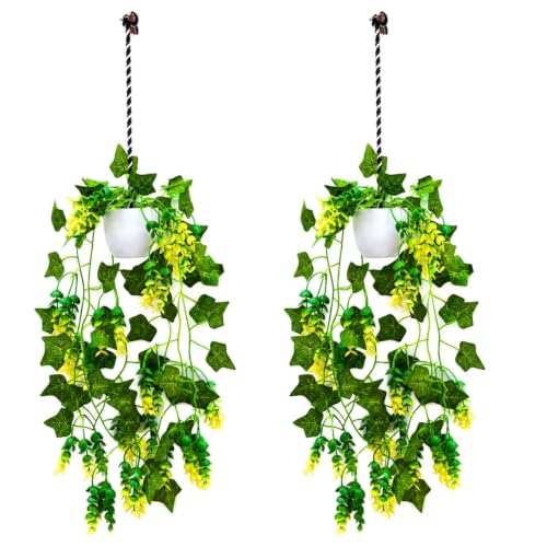 Image of fancymart Artificial Hanging Ivy Plant with White Hanging Pot & Rope, 60 cm Height, Pack of 2, Realistic Green Leaf Creeper for Home, Office, Living Room & Wall Decor