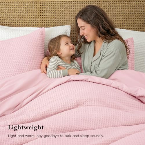 Image of David's Home Textured Summer Waffle Weave Comforter Set, Twin, Pink | Cozy Soft Lightweight Breathable Fluffy Durable Hotel Bedding with Pillow Sham for All Season, Luxury Home Decor, Giftable