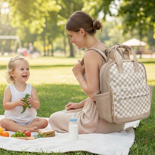 miss fong Small Diaper Bag - Baby Diaper Bag Backpack Checkered Diaper Bag with Changing Pad Baby Backpack for Travel Daycare Mommy Diaper Backpack Pañaleras Para Bebe for Mom & Dad-White&Beige — view 8