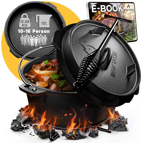 Dutch Oven Set 12L - Eingebrannter Dutch Oven 12 Liter - Feuertopf Gusseiserner Topf mit praktischem Deckelheber & Edelstahl Untersetzer [für 10-16 Personen]