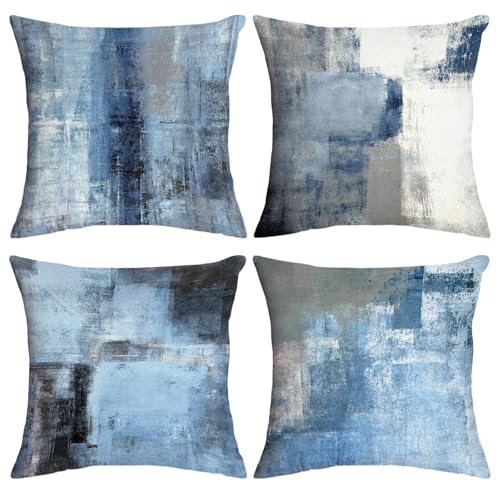 Best Color Pillows for Grey Couch to Elevate Your Living Room Style 5 Kerton Stork Blue Throw Pillows for Couch Set of 4, Grey Decorative Throw Pillow Covers - Modern Abstract Art Painting Square Soft Pillow Covers 18X18 for Bedroom Living Room Sofa, Blue Gray