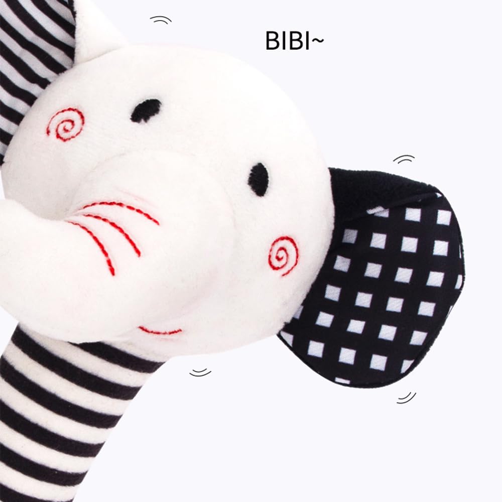 Juguetes para bebés de 0 a 12 meses, juguetes para recién nacidos en blanco y negro, juguete de peluche suave con mordedor y sonido, juguetes de desarrollo de agarre de mano (elefante) 5