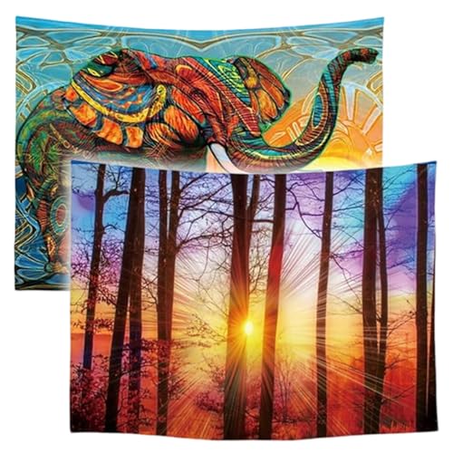 Ulticool – Tapisserie - l'éléphant Soleil Bohème Bohémien le Coucher du Soleil - 73cm x 95cm – Lot de 2 designs - Tissu Tapisserie Peinture - Poster...