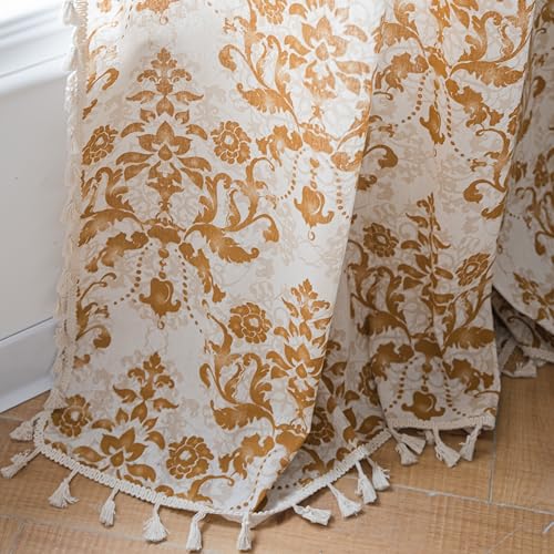 Sutuo Home Boho Curtains for Bedroom Living Room 96 Inches Length Long, Printing Moroccan Cotton Linen Rod Pocket Vibe Farmhouse Bohemian Tassels Window Treatment, 1 Panel 59" W x 96" L, Brown Damask - Image 2