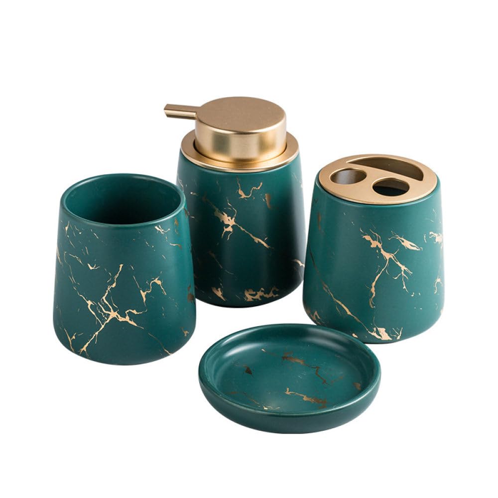 Ceramiczny 4-częściowy dozownik mydła w marmurze do mycia naczyń - dozownik mydła do rąk z pompką, uchwyt na szczoteczkę do zębów/dozownik mydła w kubku (zielony 1 rozmiar)