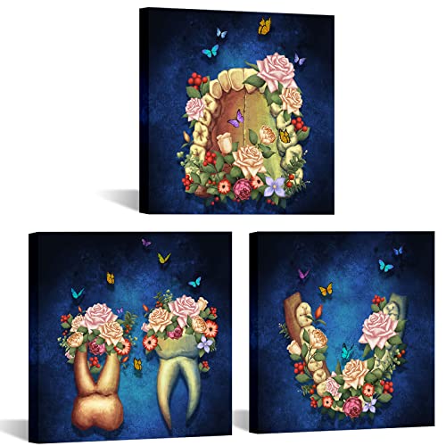 Image of iHAPPYWALL 3 Pieces Dental Canvas Wall Art Abstract Human Floral Tooth Butterflies Anatomy Medical Artwork for Clinic Dentistry Office Decor Ready to Hang 12x12inchx3pcs