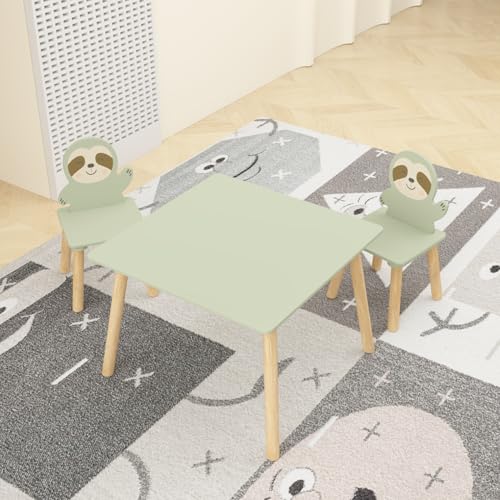 Image of Wood Table & Chairs 3 Pieces Set, Boys Girls Activity Table w / 2 Animal Shaped Chairs, Solid Wood Legs, Safe Rounded Corners, Playroom Furniture for Boys & Girls Activity Dining Drawing Craft.