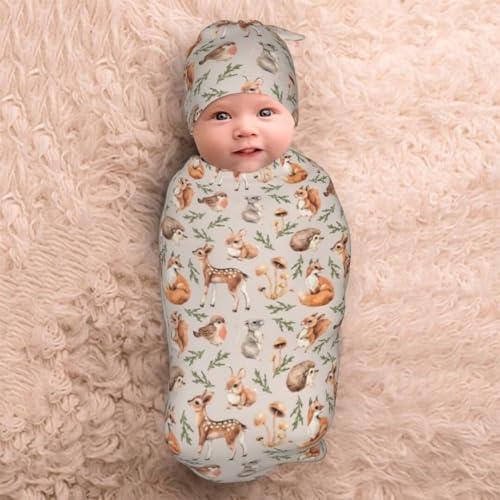 Image of Cartoon Animals Newborn Swaddling Blanket Beanie Hat Sets Soft Baby Receiving Funny Animal Blanket Soft Sleeping Bag New Born Soft Sleep Sacks for Boys Girls, Foxs