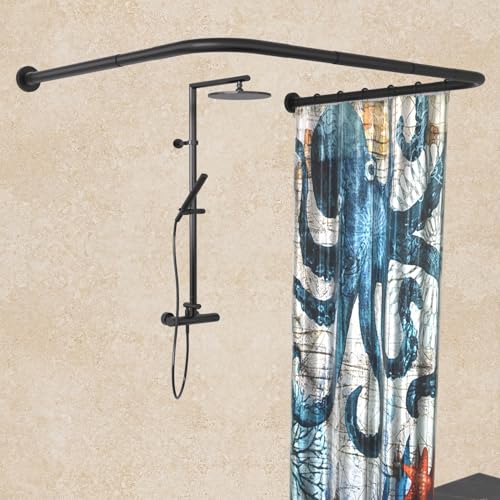 Image of 304 Stainless U Shaped Bathroom Bathtub Corner Shower Curtain Rod Rack, Size Adjustable (U Shaped Black, Length on Both Sides: 80-120cm,Middle Width:88-110cm)