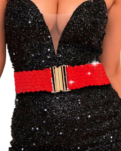 Wide Elastic Waist Belts Sequin Stretchy Belts Red Green Sparkly Waistband for Women
