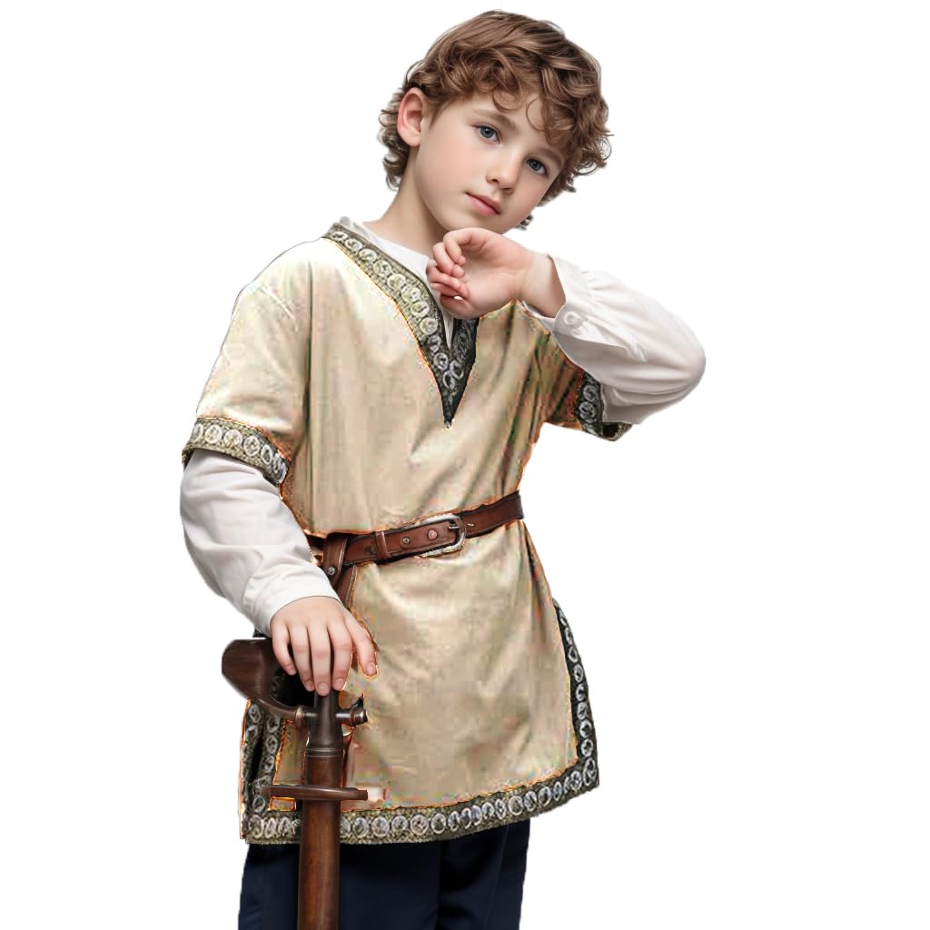 CAMDOM Boys Renaissance Viking Pirate V Neck Shirt Medieval Knight Costume Tops Beige